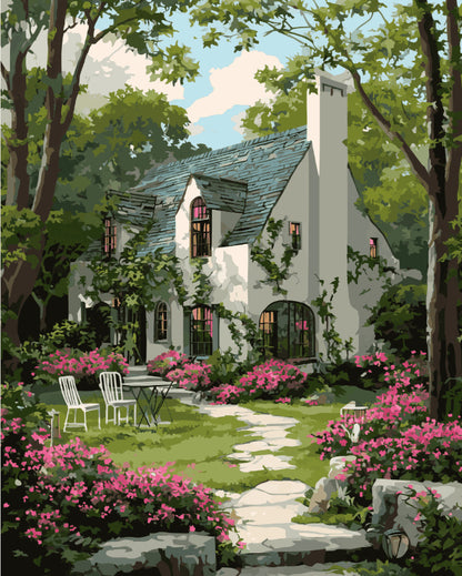 Peinture par numéro adulte Cottage Blanc et son Jardin, visuel complet du design sur toile, Maison Artsen