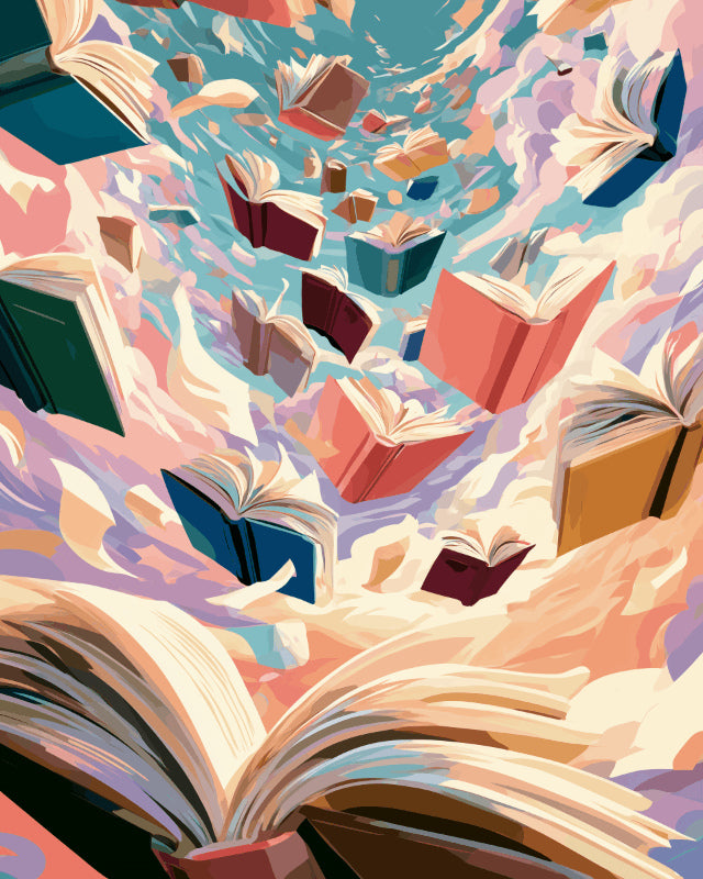 Peinture par numéro adulte Envolée de Livres, visuel complet du design sur toile, Maison Artsen