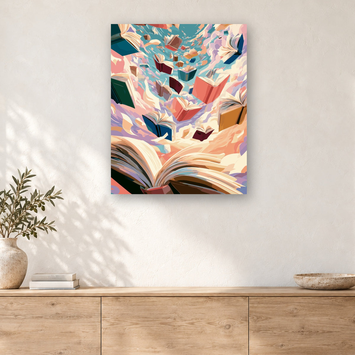 Tableau peinture par numéro Envolée de Livres accroché dans un intérieur décoré, Maison Artsen