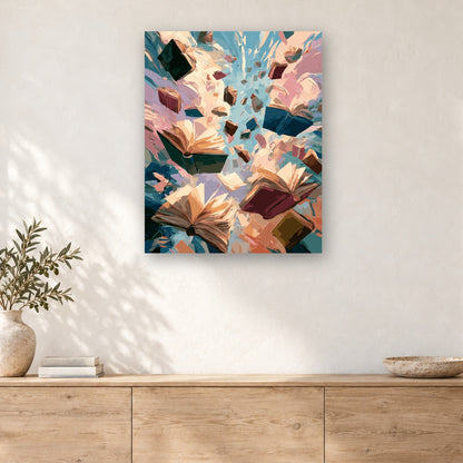 Tableau peinture par numéro Pluie de Livres accroché dans un intérieur décoré, Maison Artsen