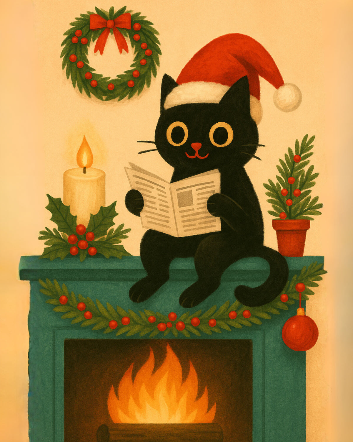 Peinture par numéro adulte Chat Noir au Bonnet de Noël, visuel complet du design sur toile, Maison Artsen