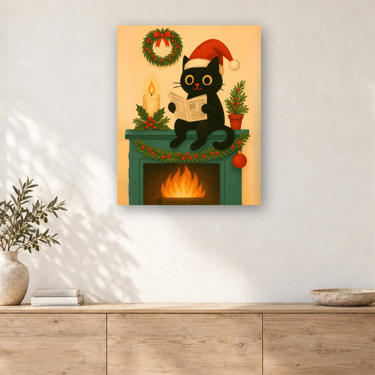 Tableau peinture par numéro Chat Noir au Bonnet de Noël accroché dans un intérieur décoré, Maison Artsen