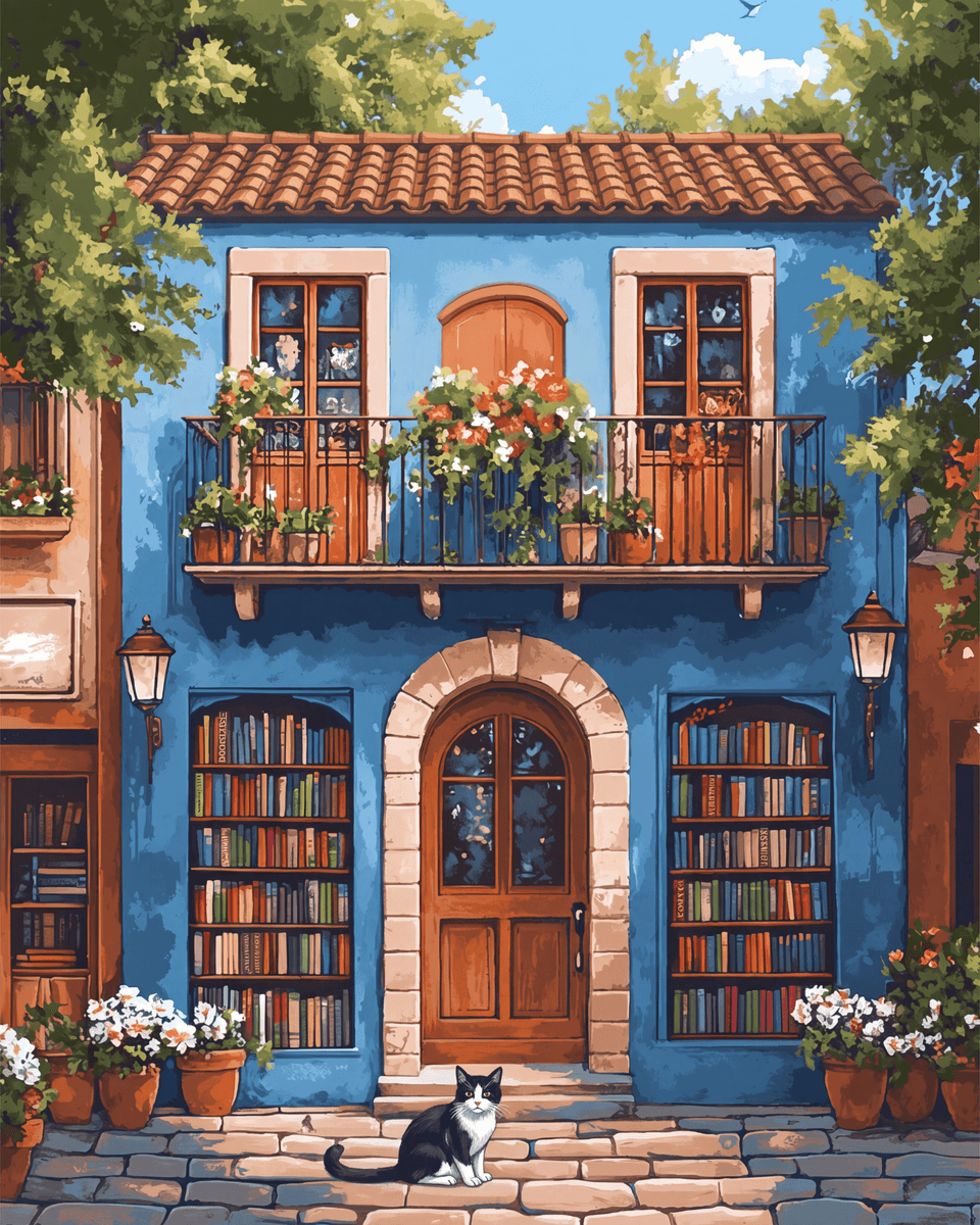 Peinture par numéro adulte Librairie Bleue au Balcon, visuel complet du design sur toile, Maison Artsen