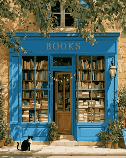 Peinture par numéro adulte Petite Librairie Bleue, visuel complet du design sur toile, Maison Artsen