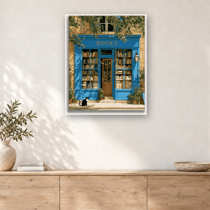 Tableau peinture par numéro Petite Librairie Bleue accroché dans un intérieur décoré, Maison Artsen