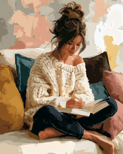 Peinture par numéro adulte Lectrice au Gros Pull, visuel complet du design sur toile, Maison Artsen