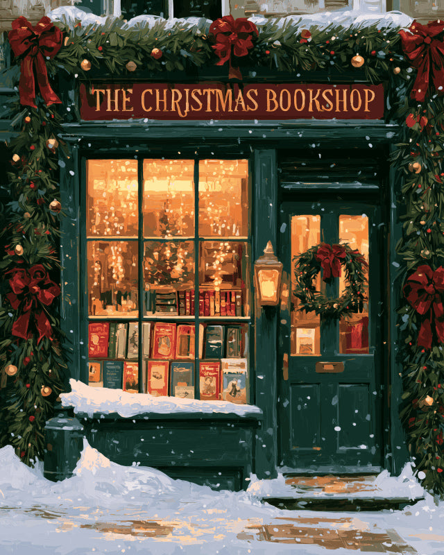Peinture par numéro adulte Librairie sous la Neige, visuel complet du design sur toile, Maison Artsen