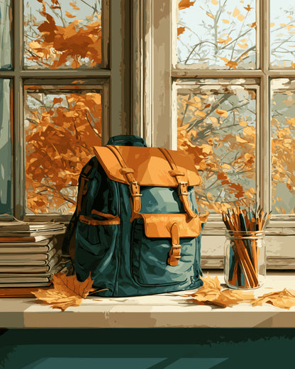 Peinture par numéro adulte Cartable sur la Fenêtre, visuel complet du design sur toile, Maison Artsen
