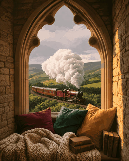 Peinture par numéro adulte Train à Vapeur par la Fenêtre, visuel complet du design sur toile, Maison Artsen