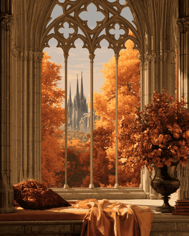 Peinture par numéro adulte Fenêtre Gothique en Automne, visuel complet du design sur toile, Maison Artsen