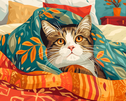 Peinture par numéro adulte Chat sous la Couette, visuel complet du design sur toile, Maison Artsen