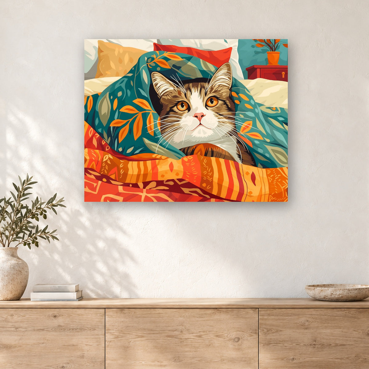 Tableau peinture par numéro Chat sous la Couette accroché dans un intérieur décoré, Maison Artsen