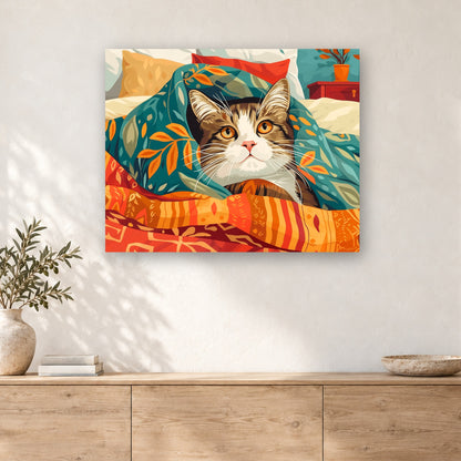 Tableau peinture par numéro Chat sous la Couette accroché dans un intérieur décoré, Maison Artsen