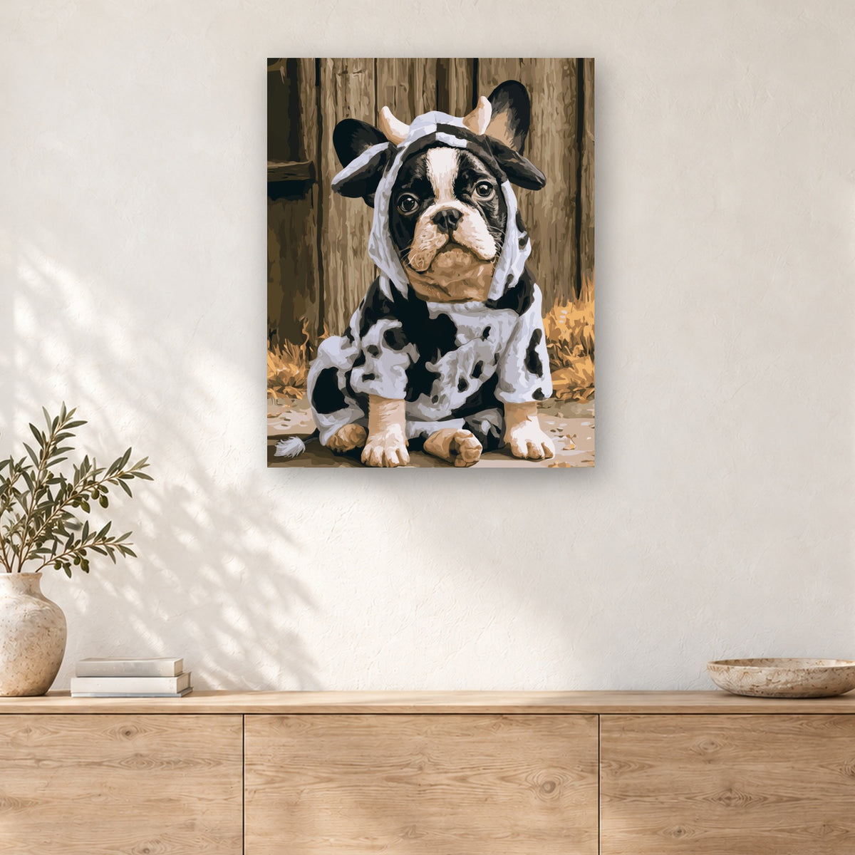 Tableau peinture par numéro Chiot Déguisé en Vache accroché dans un intérieur décoré, Maison Artsen