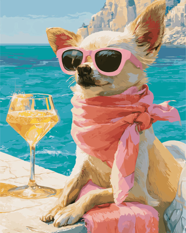 Peinture par numéro adulte Chihuahua sur la Riviera, visuel complet du design sur toile, Maison Artsen