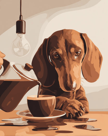 Peinture par numéro adulte Teckel à l'Heure du Café, visuel complet du design sur toile, Maison Artsen