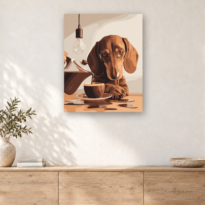 Tableau peinture par numéro Teckel à l'Heure du Café accroché dans un intérieur décoré, Maison Artsen