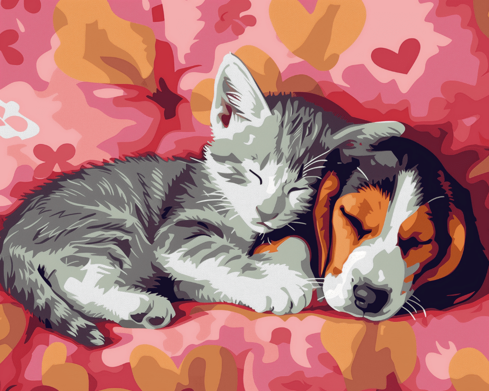 Peinture par numéro adulte Sieste entre Amis, visuel complet du design sur toile, Maison Artsen