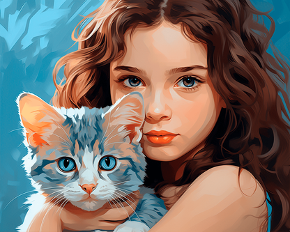 Peinture par numéro adulte La Fille au Chaton, visuel complet du design sur toile, Maison Artsen
