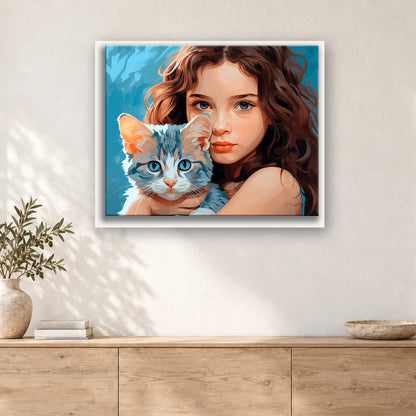 Tableau peinture par numéro La Fille au Chaton accroché dans un intérieur décoré, Maison Artsen