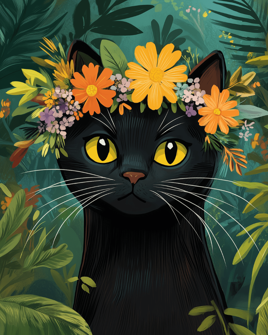 Peinture par numéro adulte Chat Noir Couronné de Fleurs, visuel complet du design sur toile, Maison Artsen