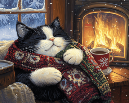 Peinture par numéro adulte Chat au Coin du Feu, visuel complet du design sur toile, Maison Artsen