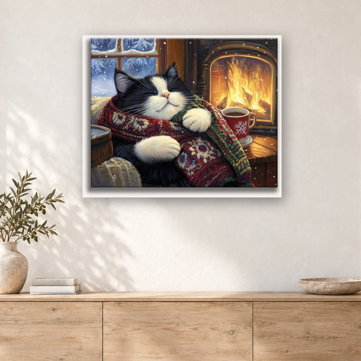 Tableau peinture par numéro Chat au Coin du Feu accroché dans un intérieur décoré, Maison Artsen