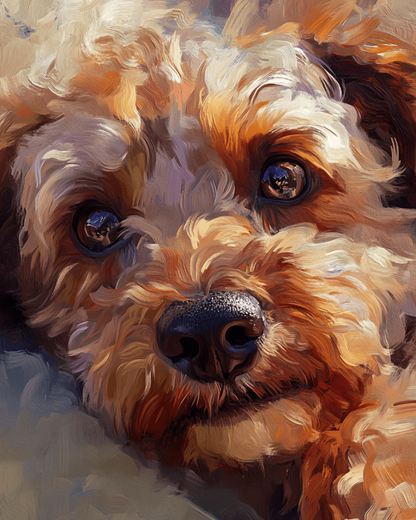 Peinture par numéro adulte Chien aux Poils Bouclés, visuel complet du design sur toile, Maison Artsen