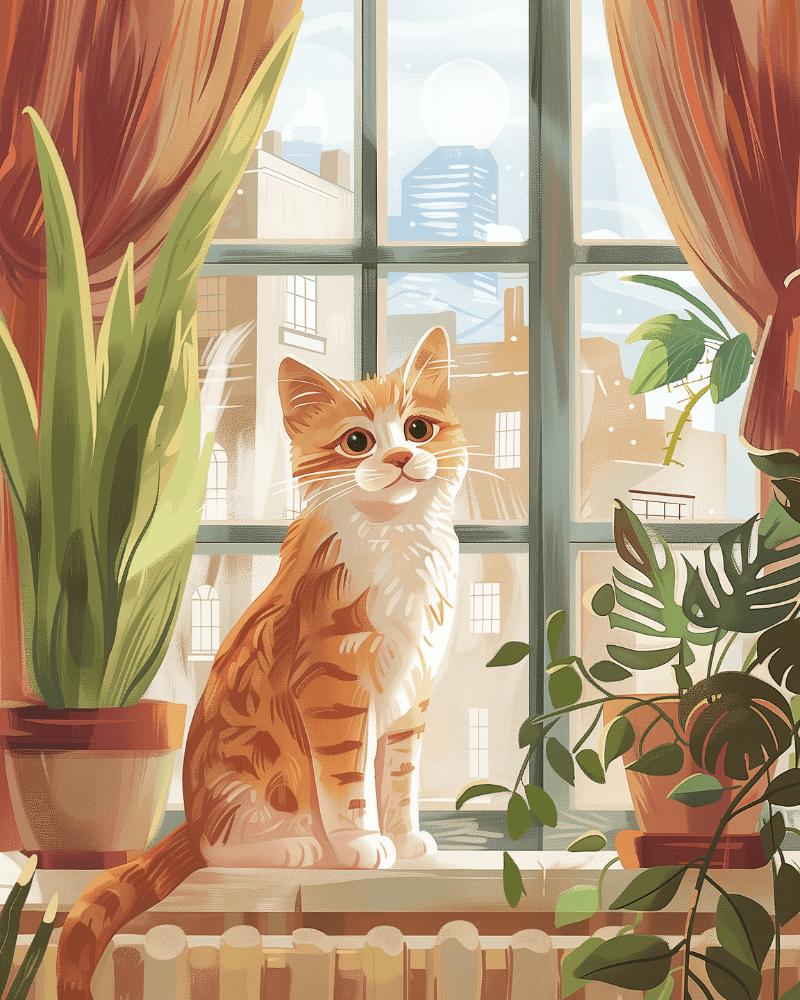 Peinture par numéro adulte Chat Roux à la Fenêtre, visuel complet du design sur toile, Maison Artsen