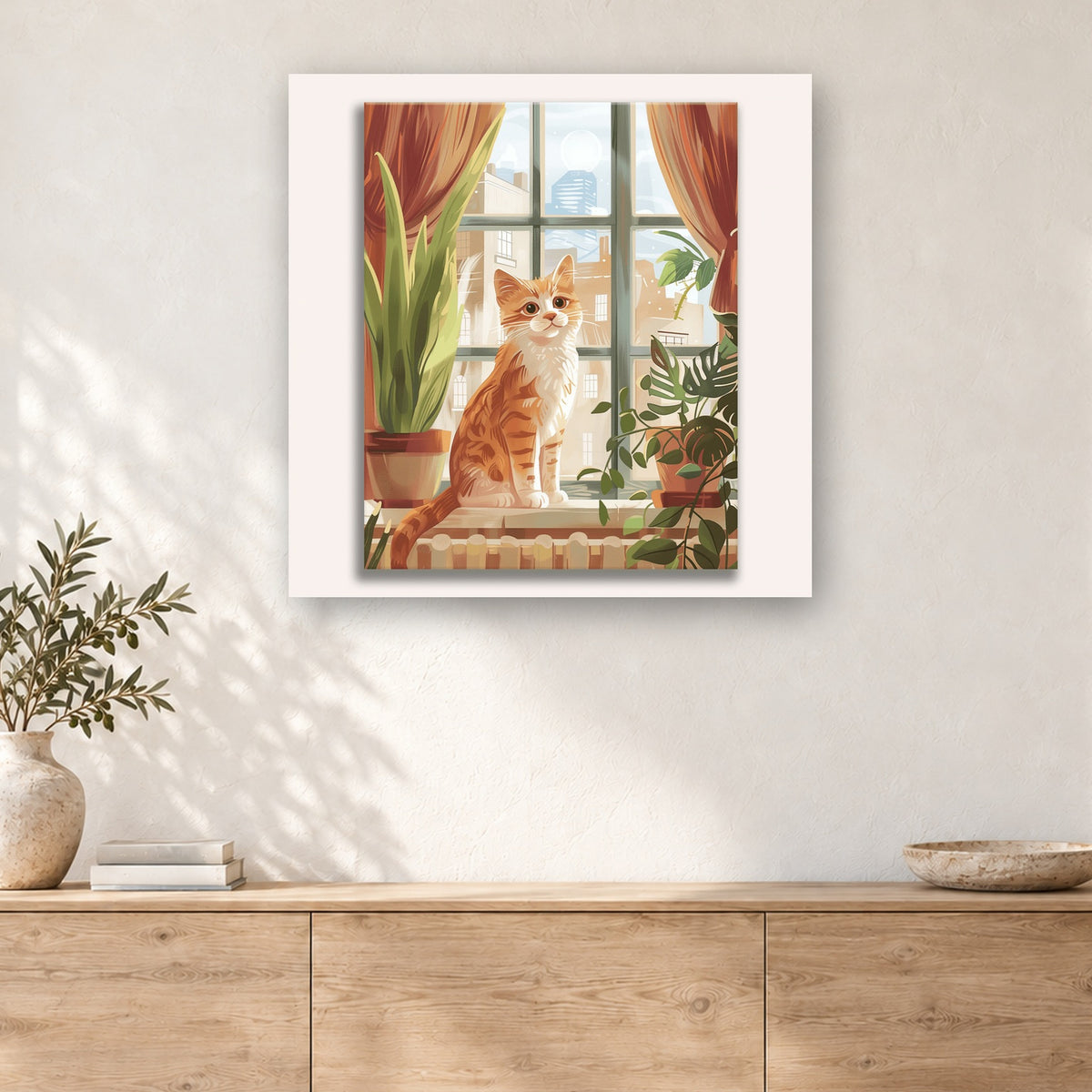 Tableau peinture par numéro Chat Roux à la Fenêtre accroché dans un intérieur décoré, Maison Artsen