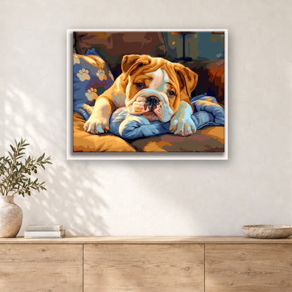 Tableau peinture par numéro Chiot Bouledogue au Canapé accroché dans un intérieur décoré, Maison Artsen