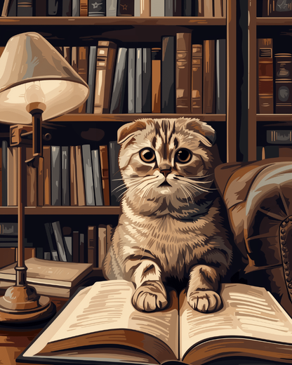 Peinture par numéro adulte Chat de Bibliothèque, visuel complet du design sur toile, Maison Artsen