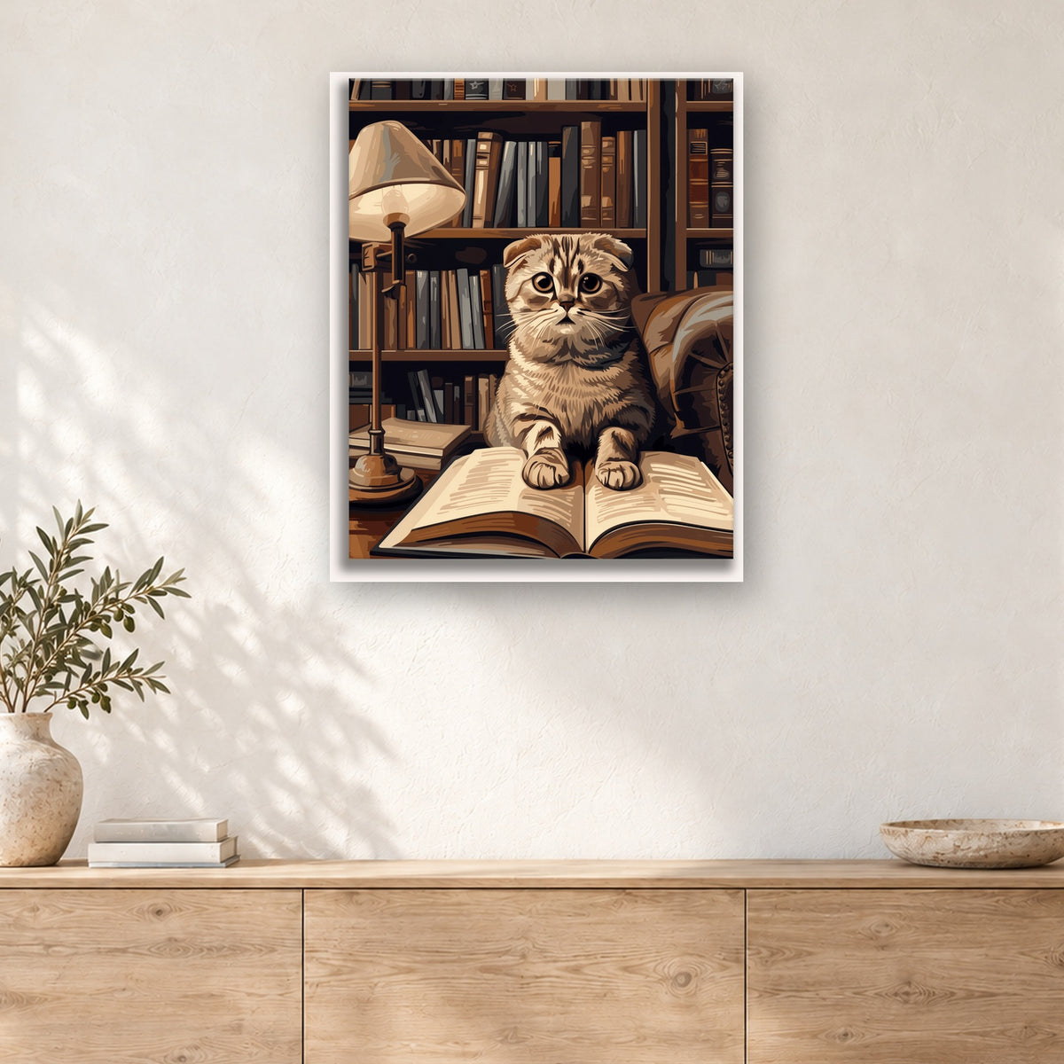 Tableau peinture par numéro Chat de Bibliothèque accroché dans un intérieur décoré, Maison Artsen