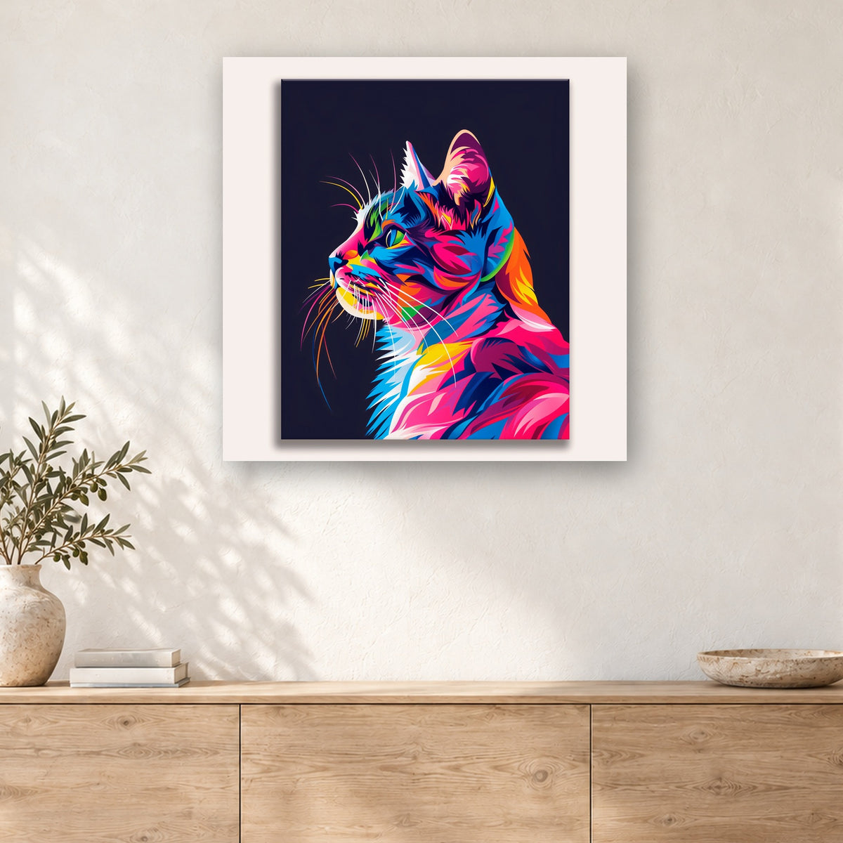 Tableau peinture par numéro Profil de Chat Arc-en-Ciel accroché dans un intérieur décoré, Maison Artsen