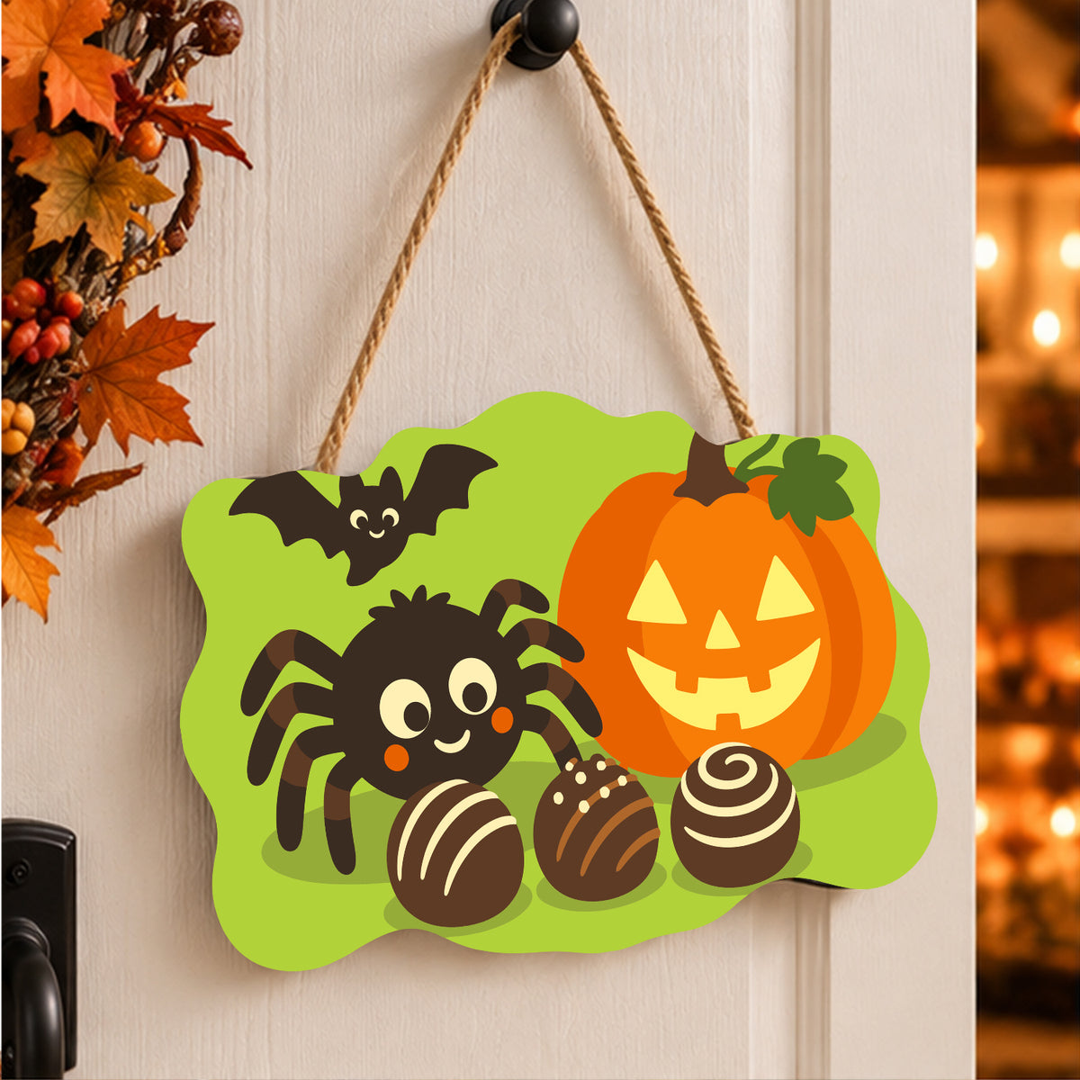 Pancarte Araignée et Chocolats Gourmands peinte et accrochée à une porte d'entrée décorée pour Halloween — Maison Artsen