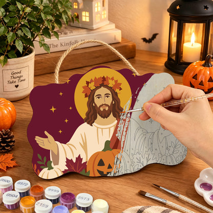 Pancarte Bénédiction d'Automne en cours de peinture, pinceau à la main — Maison Artsen
