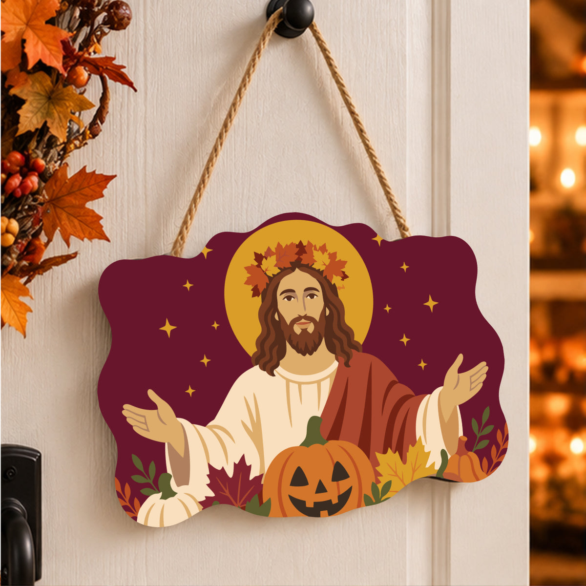 Pancarte Bénédiction d'Automne peinte et accrochée à une porte d'entrée décorée pour Halloween — Maison Artsen