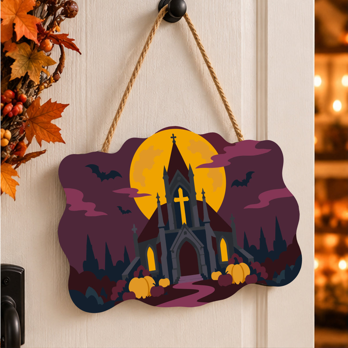 Pancarte Cathédrale Hantée peinte et accrochée à une porte d'entrée décorée pour Halloween — Maison Artsen