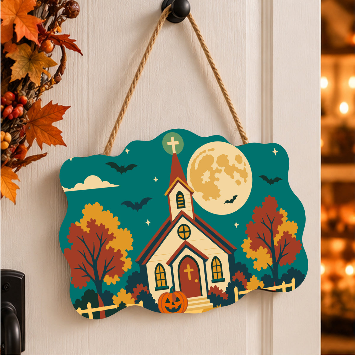 Pancarte Chapelle sous la Lune peinte et accrochée à une porte d'entrée décorée pour Halloween — Maison Artsen