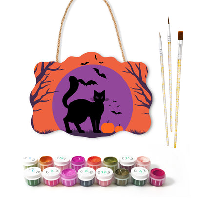 Pancarte à peindre Chat Noir en Silhouette avec ses peintures et ses pinceaux — Maison Artsen