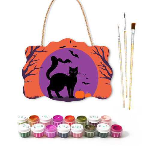 Pancarte à peindre Chat Noir en Silhouette avec ses peintures et ses pinceaux — Maison Artsen