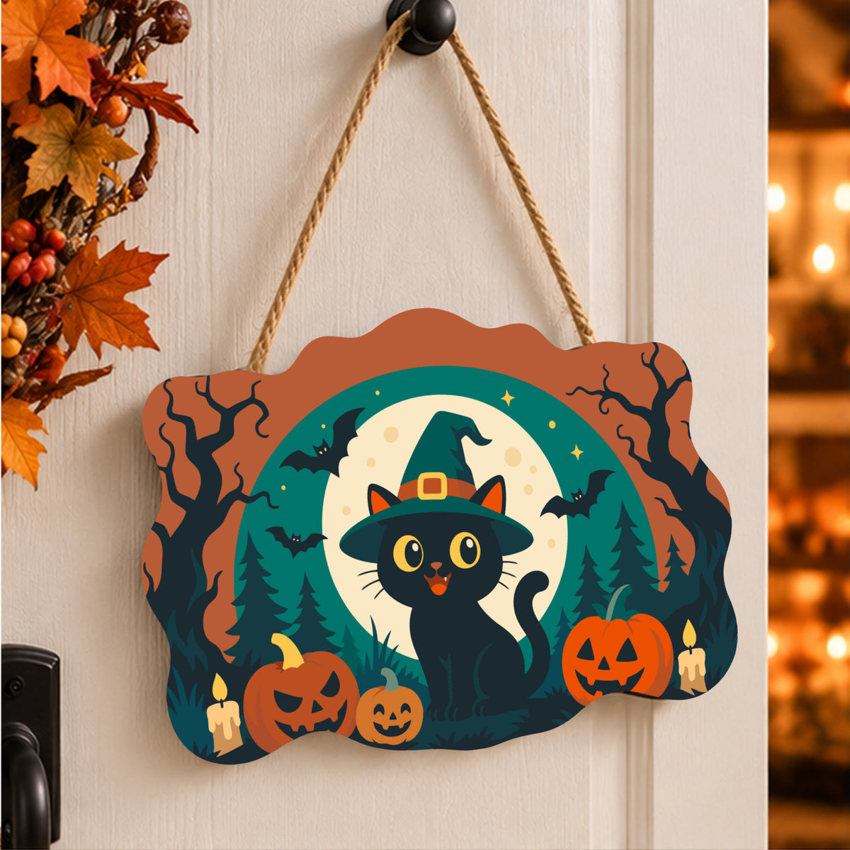 Pancarte Chat Noir Ensorcelé peinte et accrochée à une porte d'entrée décorée pour Halloween — Maison Artsen