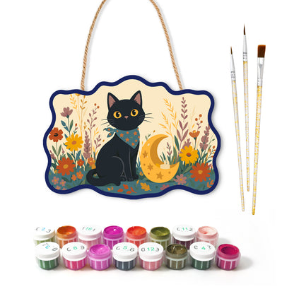 Pancarte à peindre Chat Noir et Lune avec ses peintures et ses pinceaux — Maison Artsen