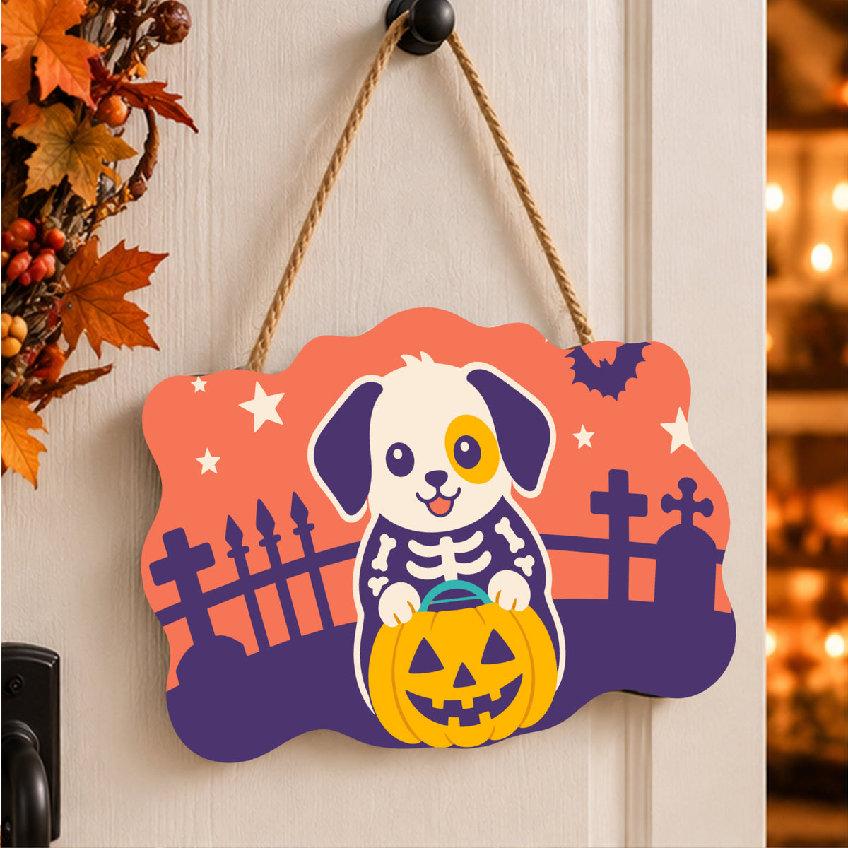 Pancarte Chiot Squelette et Citrouille peinte et accrochée à une porte d'entrée décorée pour Halloween — Maison Artsen