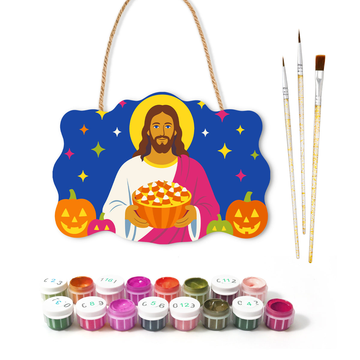 Pancarte à peindre Christ à la Tarte avec ses peintures et ses pinceaux — Maison Artsen