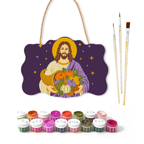 Pancarte à peindre Christ et Corne d'Abondance avec ses peintures et ses pinceaux — Maison Artsen