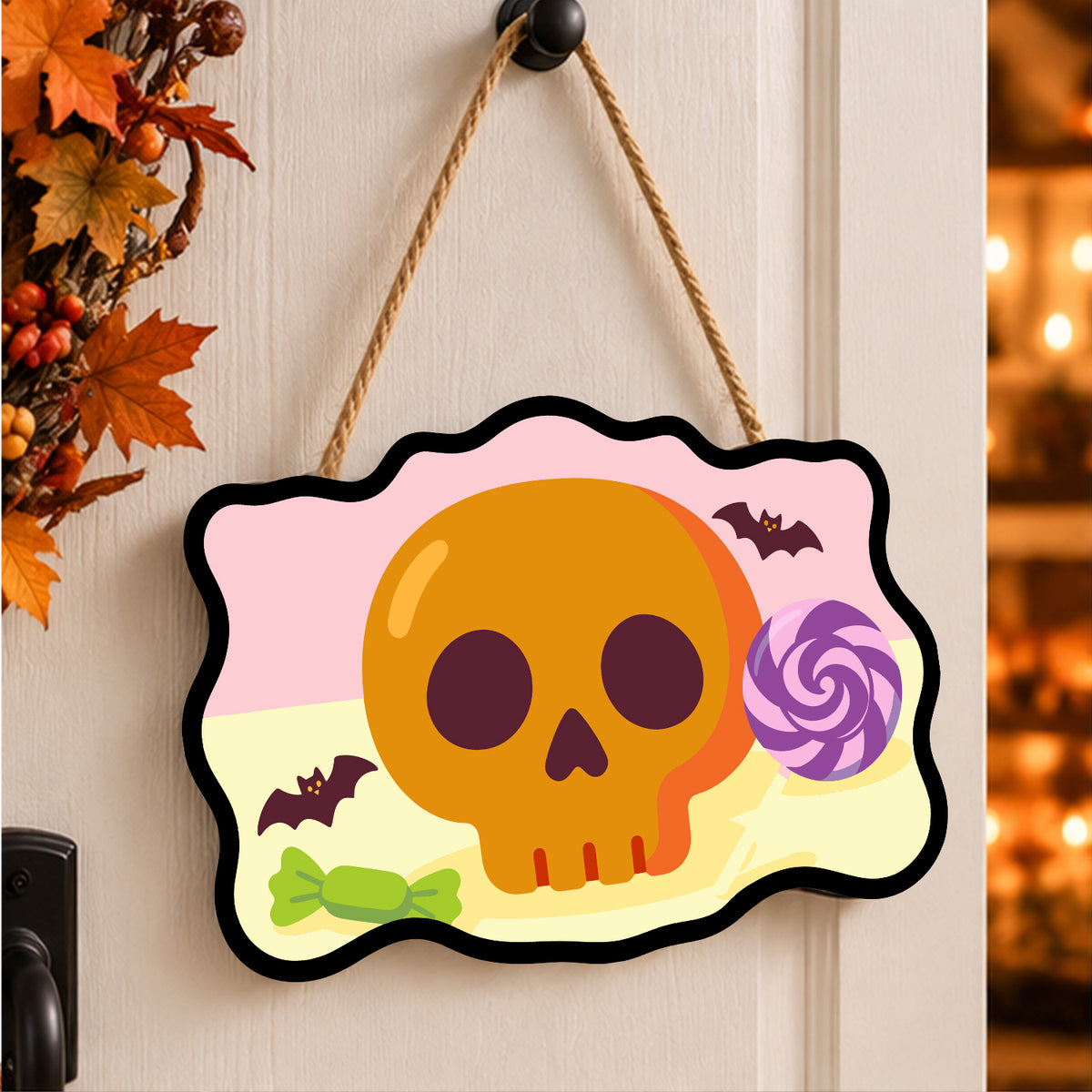 Pancarte Crâne Orange et Sucette peinte et accrochée à une porte d'entrée décorée pour Halloween — Maison Artsen