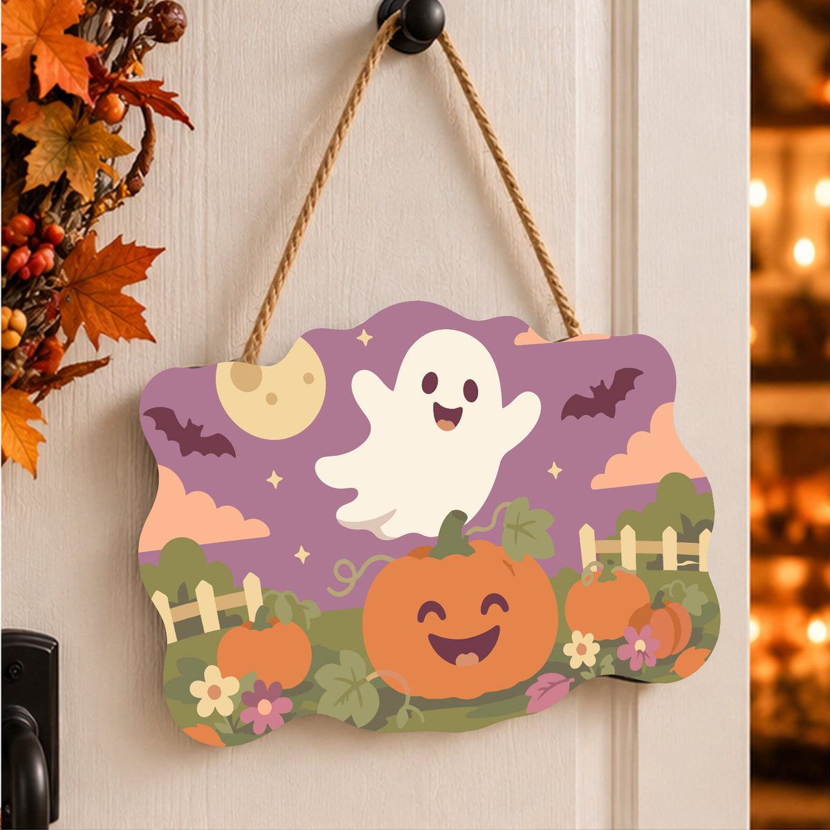 Pancarte Fantôme au-dessus du Potager peinte et accrochée à une porte d'entrée décorée pour Halloween — Maison Artsen
