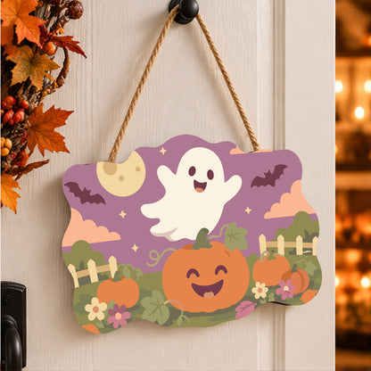 Pancarte Fantôme au-dessus du Potager peinte et accrochée à une porte d'entrée décorée pour Halloween — Maison Artsen