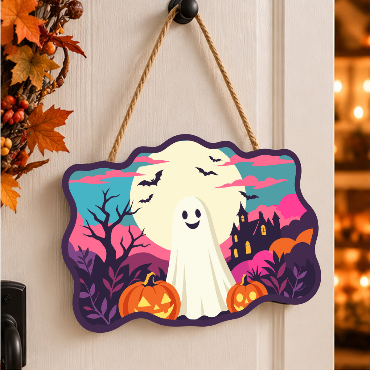 Pancarte Fantôme sous la Pleine Lune peinte et accrochée à une porte d'entrée décorée pour Halloween — Maison Artsen